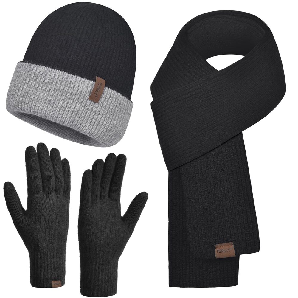1253 Hat Scarf Gloves Set Winter Warm Slouchy Beanie Touchscreen Glove Knit